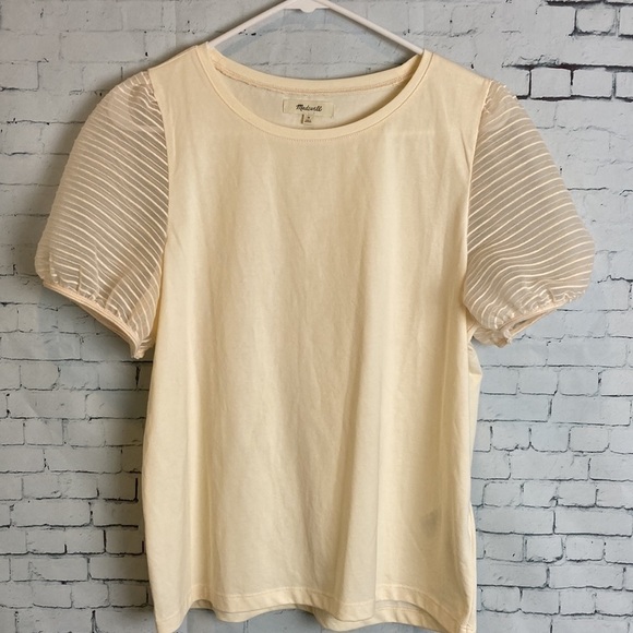 Madewell Striped Sheer Puff Sleeve Knit Shirt Top M Preppy Staple Elevated Basic - Picture 6 of 13